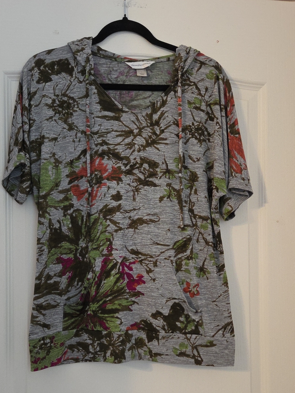 Christopher & Banks Gray Floral Short-Sleeve Hoodie with Green & Coral Accents